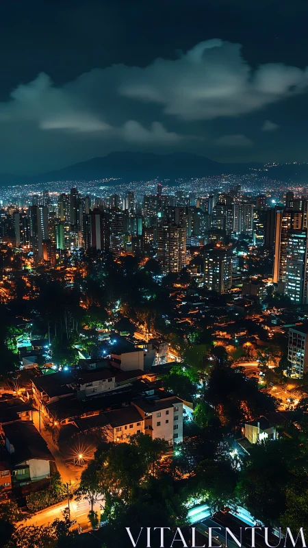 Elevated night skyline with neon-lit dense urban core.