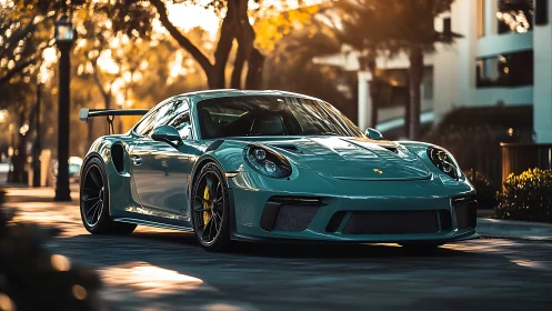 Mint green Porsche sports car sits under warm street lighting