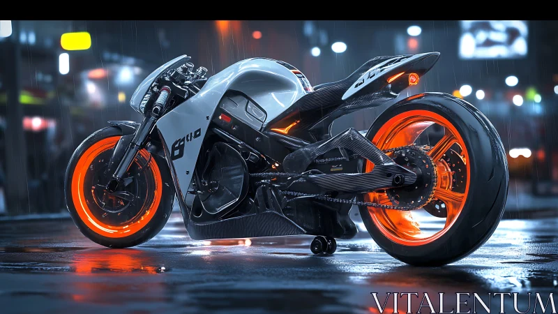 Cyberpunk racing motorcycle in neon urban night render.