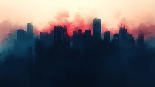 Highrise skyline obscured by atmospheric fog and crimson haze