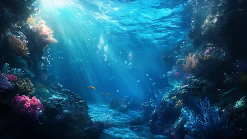 Digital seafloor scene with coral reef and filtered sunrays.