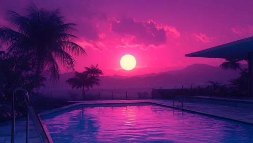 Neon sunset over modern poolside terrace with palm trees
