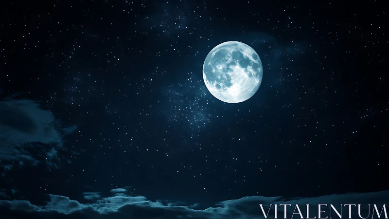 Full moon glows over star-filled midnight sky panorama.