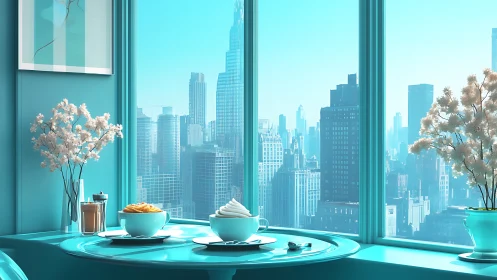 Turquoise Modern Interior: Luxury Dining Overlooking Metropolitan Skyline