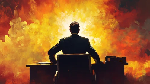 Executive Silhouette Confronts Explosive Intensity Behind Desk