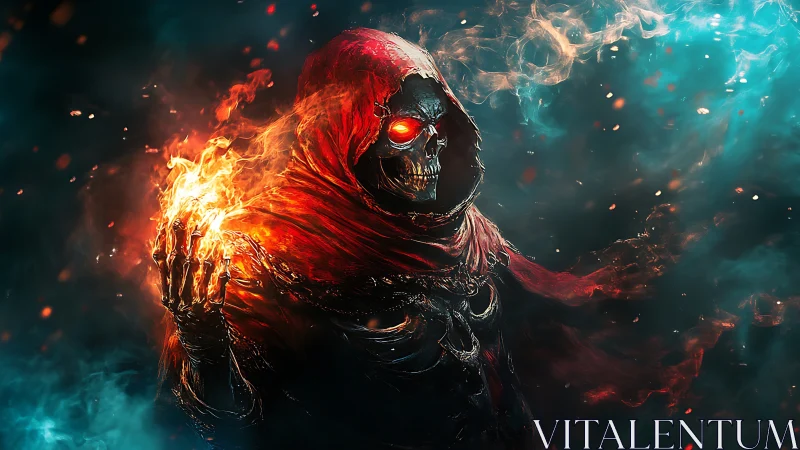 Fiery skeletal mage emerges from swirling spectral storm