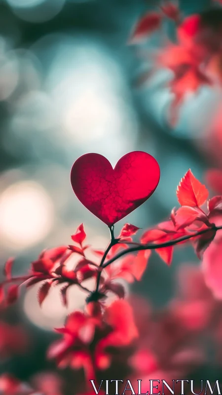 Heart-Shaped Leaf on Branch Among Red Floral Blooms