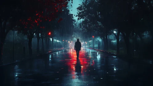 Lone night walker embraces quiet rain on glowing city street
