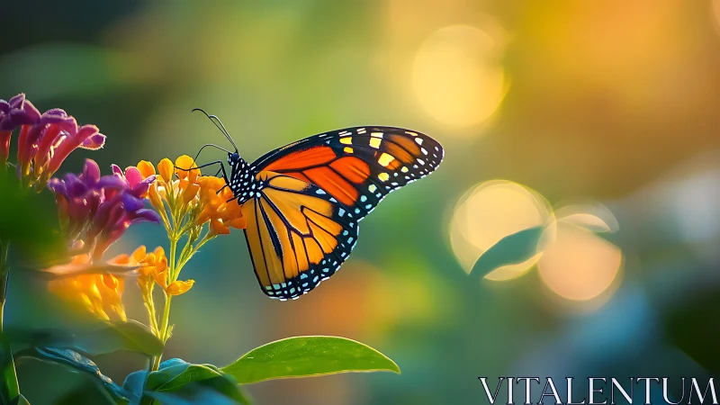 Monarch butterfly on clustered flowers in soft backlight.