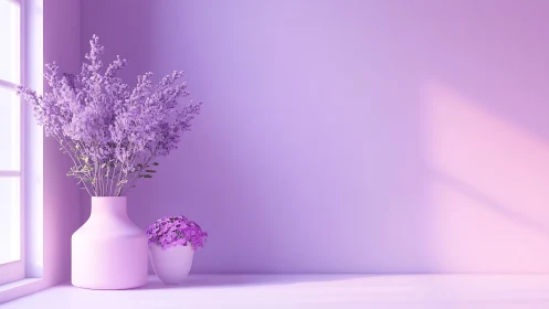 Lavender bouquet rests in soft pink minimalist sunlight.