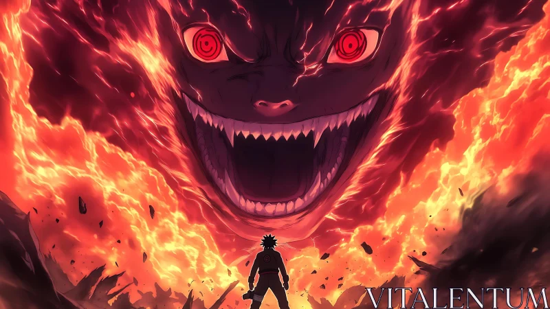 Silhouetted figure before fiery colossal demonic face.