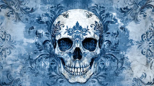 Ornate blue human skull merges baroque florals with decay