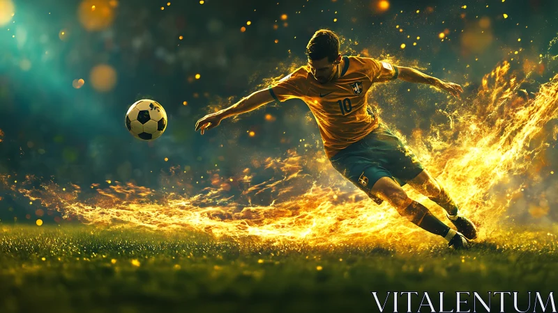 Dynamic soccer striker in fiery motion trail on field.