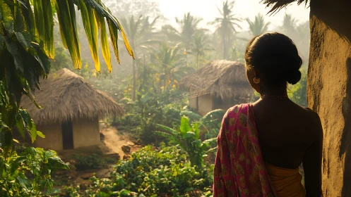 Woman overlooks sunlit tropical village from doorway
