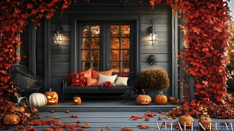 Digital porch tableau with autumnal Halloween styling.