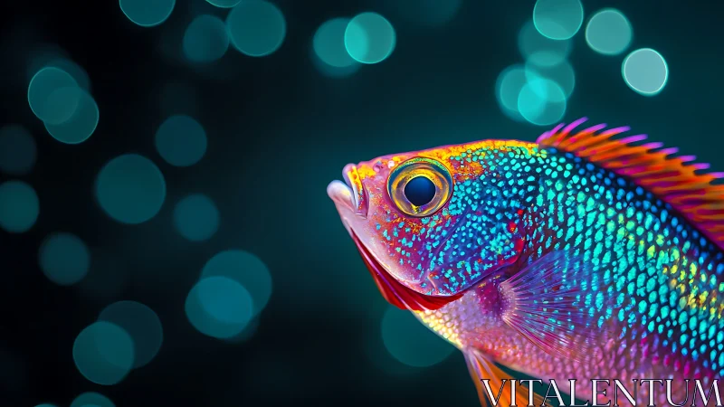 Neon reef fish glows against teal bokeh seascape background.