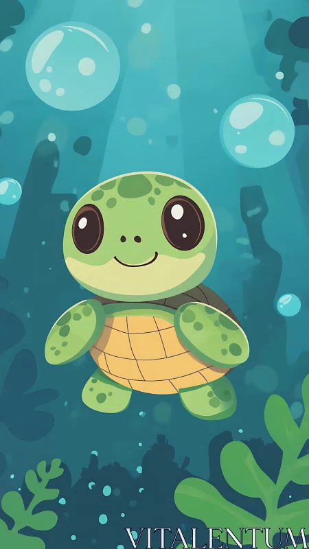Digital painting of cute sea turtle in stylized ocean scene.