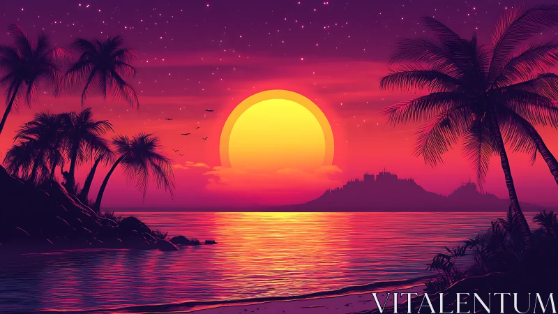 Digital tropical shoreline at sunset with silhouetted palms