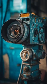 Vintage teal cinema camera on tripod with worn metal housing.