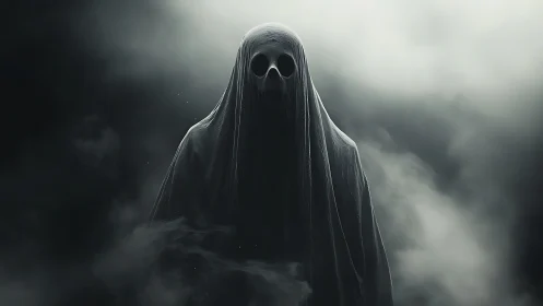 Shrouded ghostly figure emerges from swirling ominous fog