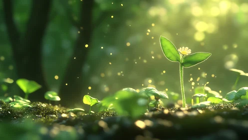 Sunlit seedling with tiny flower rising through mossy forest.