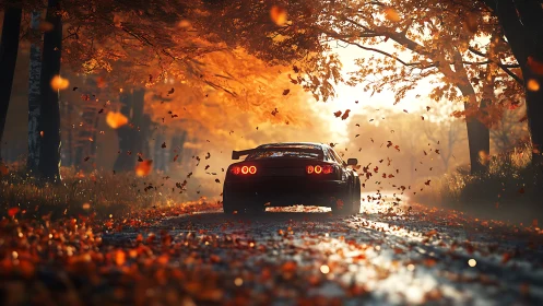 Autumn chase car ignites a tunnel of swirling ember leaves.