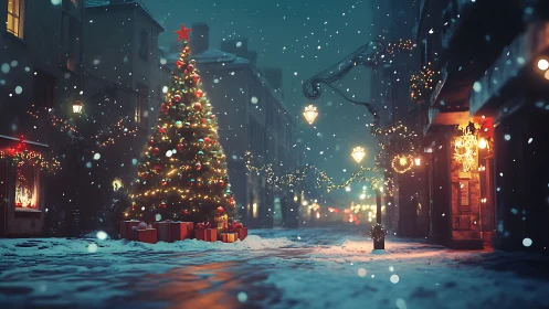 Snowy city street glows around illuminated Christmas tree