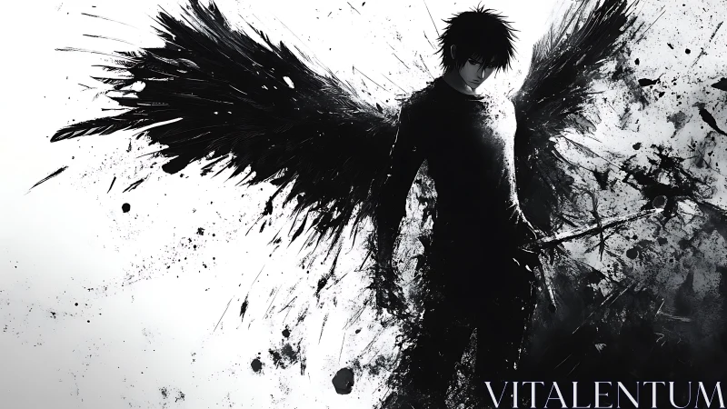 Dark winged warrior stands in exploding ink shadows