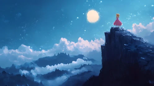 Figure on cliff edge observing moonlit cloud landscape.