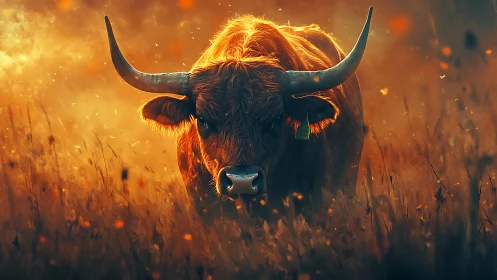 Backlit longhorn bovine in incendiary chromatic dusk field.