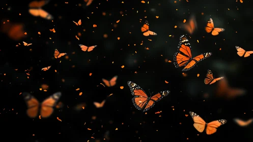 Monarch butterflies swirl through dark air in glowing flight