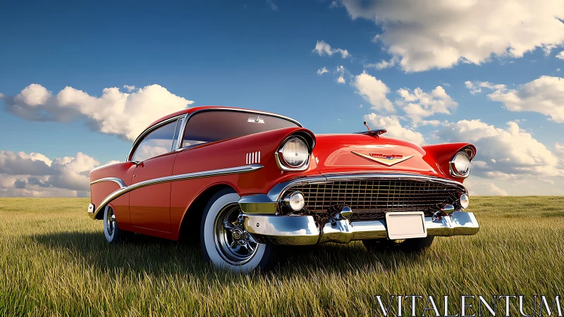 Scarlet vintage coupe gleams under wide open prairie sky.