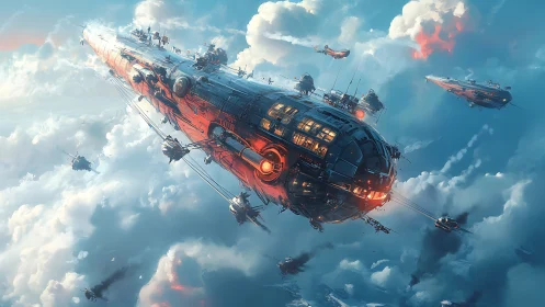 Skyborne starship convoy drifting through painted clouds.