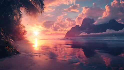 Blushing horizon kisses palm-framed tropical dreamscape.