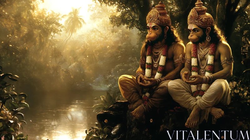 Twin monkey sages in sunlit jungle meditation by riverbank.