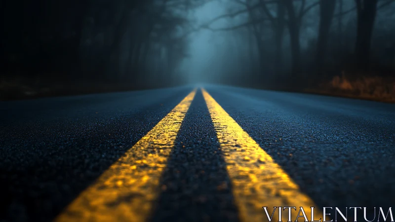 Wet asphalt road converges into fog under moody blue light