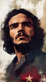 Defiant long haired man portrait with red star emblem.