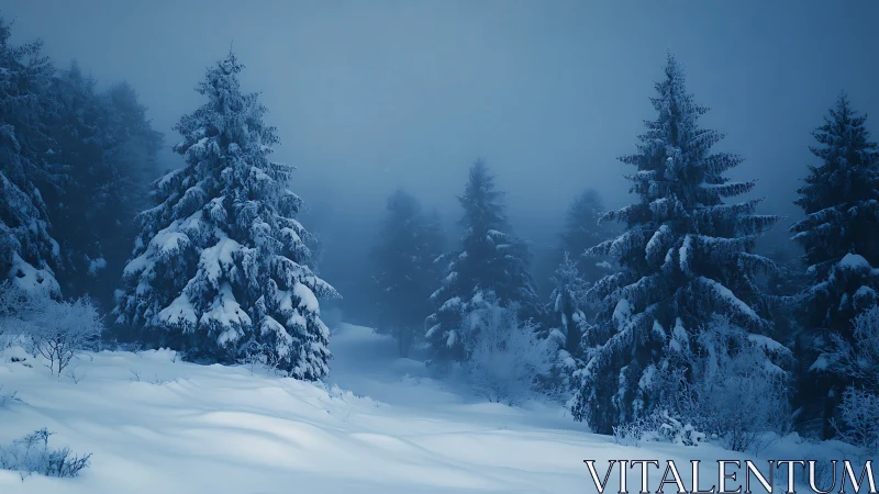 Snow covered conifer forest landscape in dense winter fog.