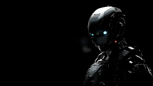 Stealth combat android stands in dramatic low-key lighting.