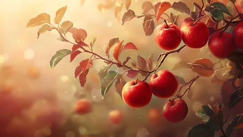 Ripe red apples glow warmly on sunlit autumn branches