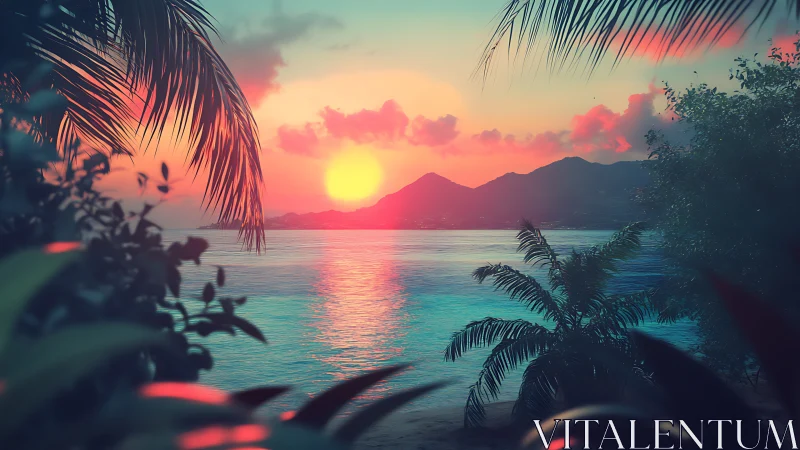 Neon-lit tropical sunset bay with silhouetted palms and soft haze