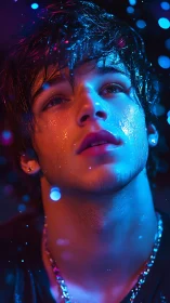 Dreamy night portrait bathed in neon blue and pink light.