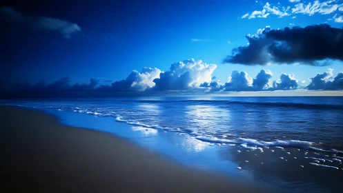 Wide shoreline view records calm sea and dense cloud bank