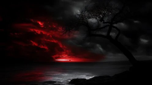 Leaning shoreline tree watches a burning crimson horizon