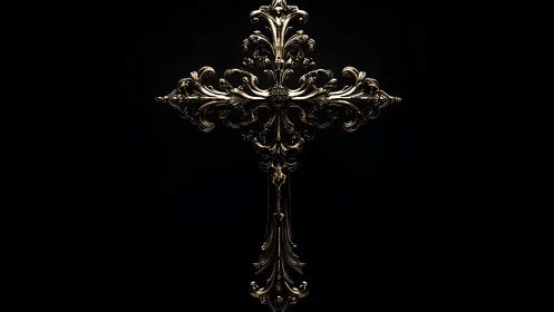 Baroque gold cross on black background, ornate detail.
