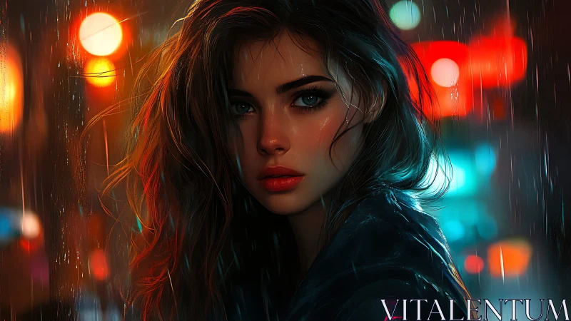 Noir cyberpunk portrait in neon rain with cinematic bokeh lighting