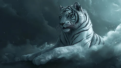Cloud-wreathed white tiger lounges as moonlit storm pauses