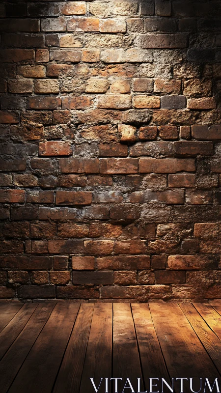 Old brick wall and wooden floor in warm spotlight.