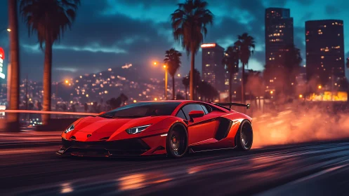 Midnight red supercar blazing through neon city haze.