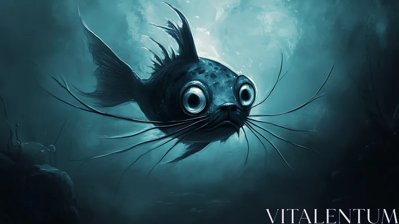 Surreal deep sea fish with whiskers in blue abyss.